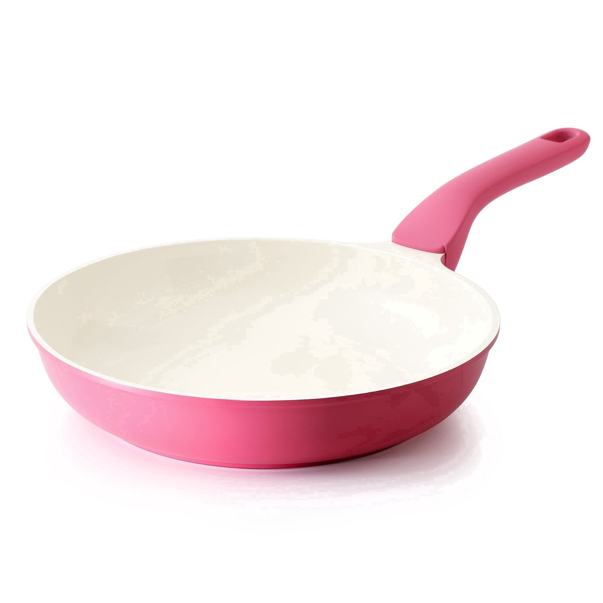 Pink frying pan without lid.