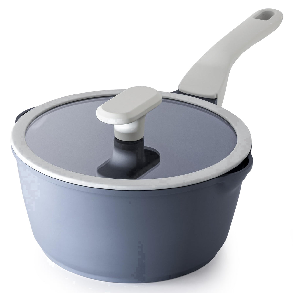 Gray saucepan with a light gray handle and a clear lid.