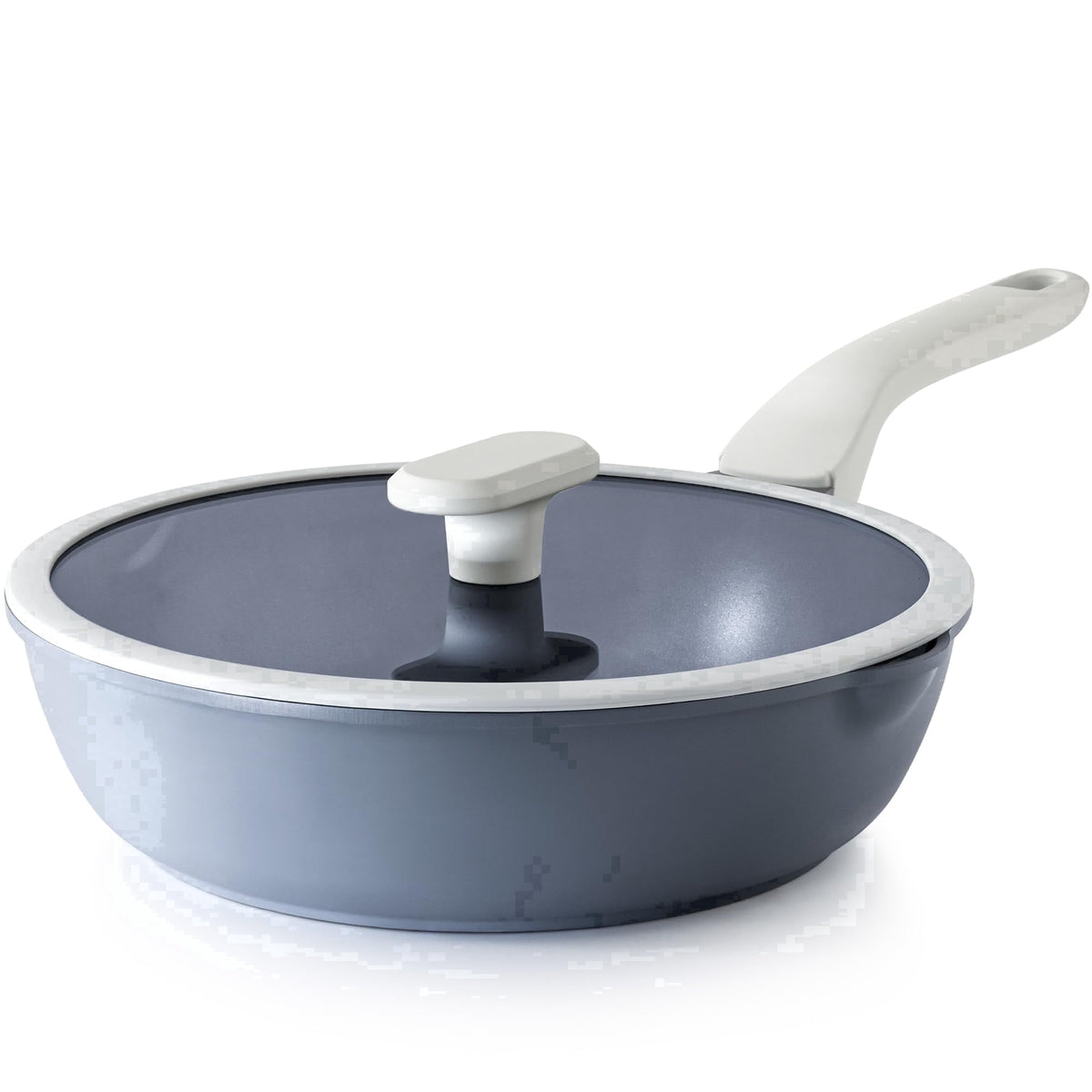 Gray deep skillet with a clear lid and light gray handle.