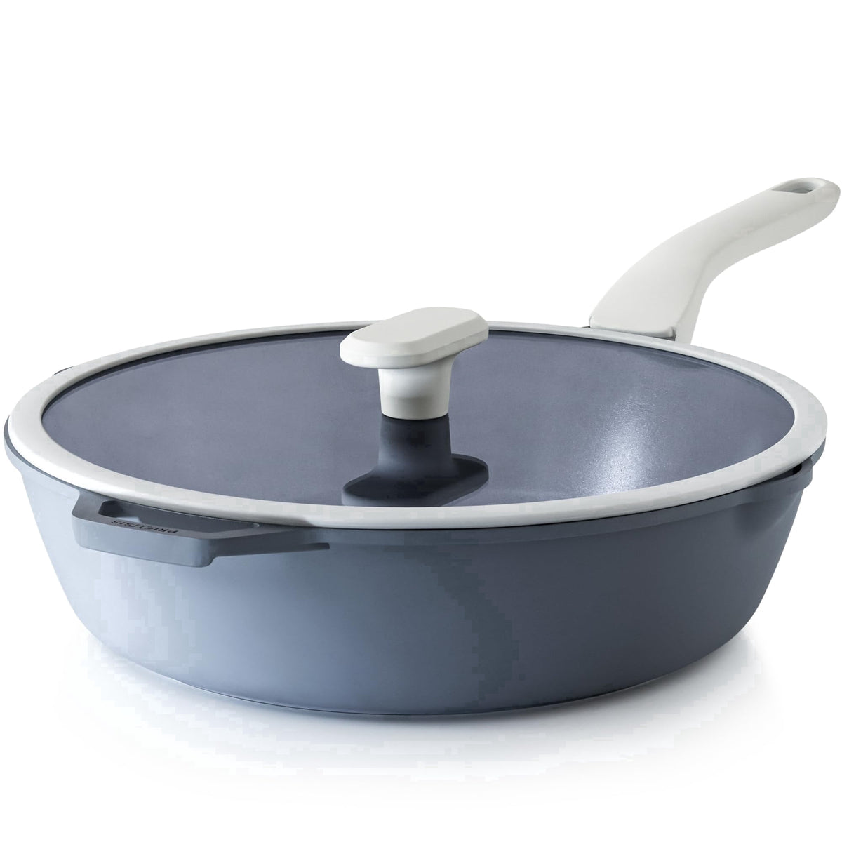 Blue-gray deep saute pan with lid and helper handle.