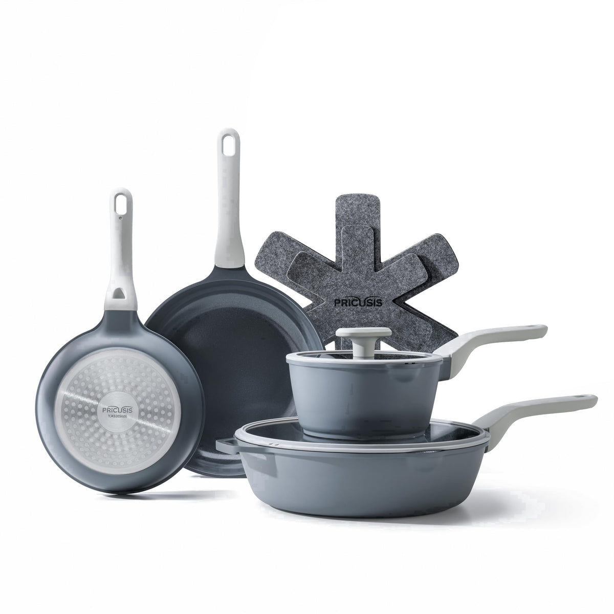 Blue-gray cookware set with lids and protectors.