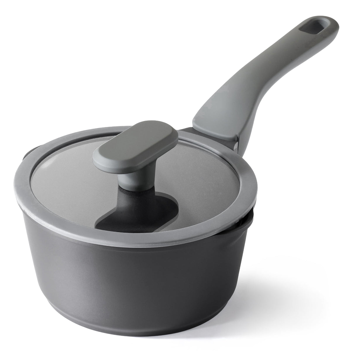 Black saucepan with lid.