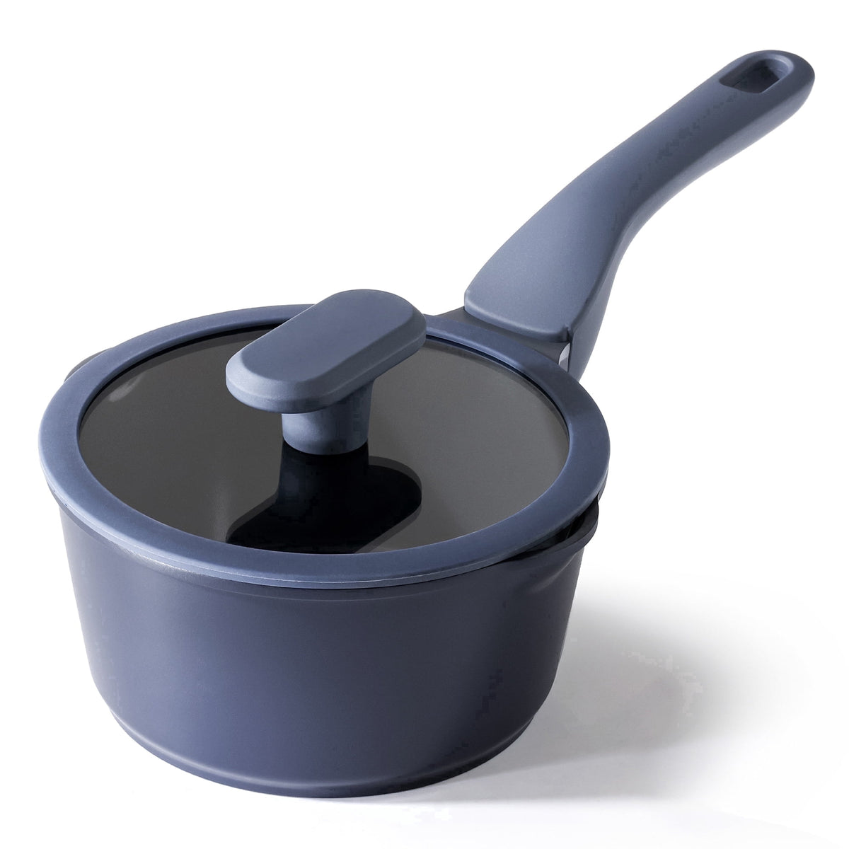 Navy saucepan with a matching handle and clear lid.