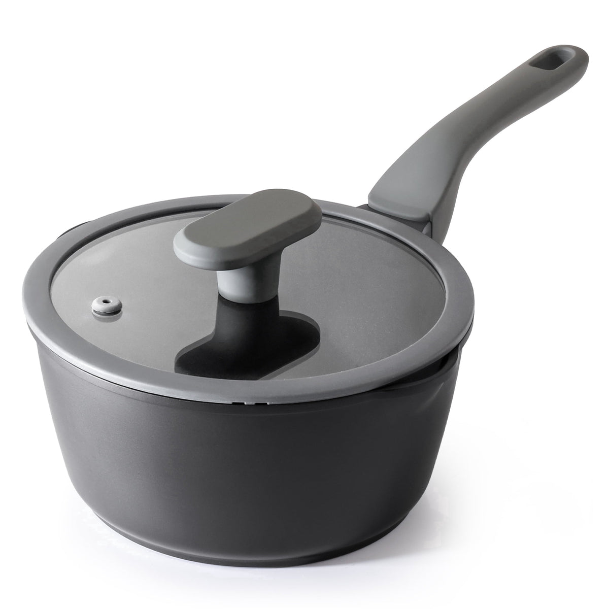 Black saucepan with a matching handle and clear lid.