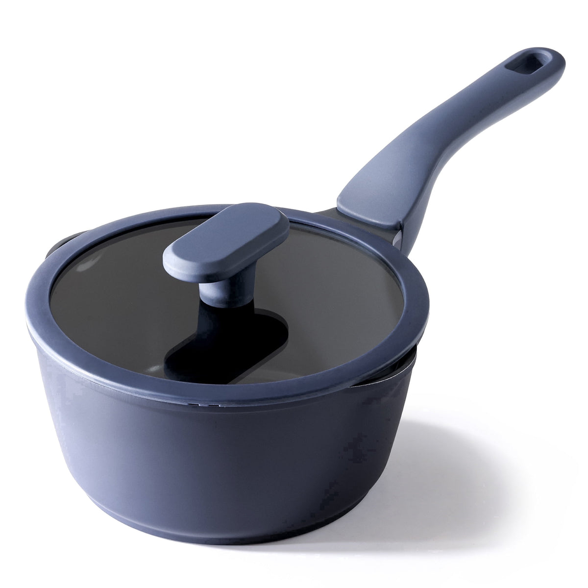 Navy saucepan with a matching handle and a clear lid.