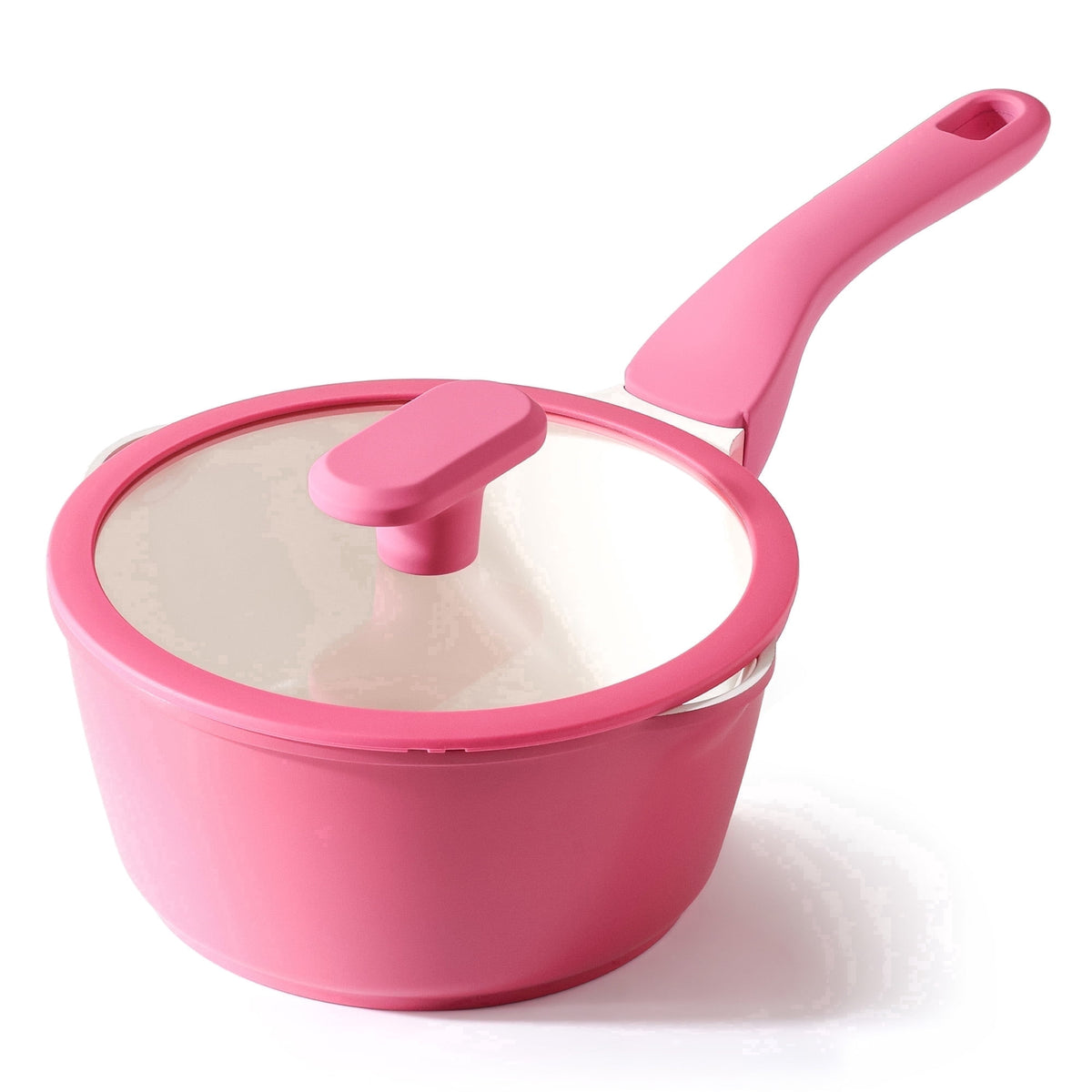 Pink saucepan with lid.