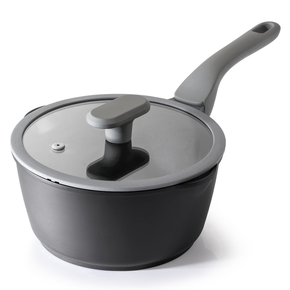 Black saucepan with lid.