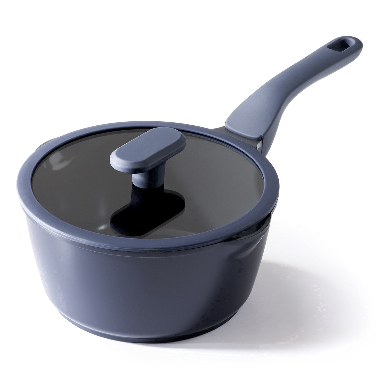 Navy saucepan with lid.
