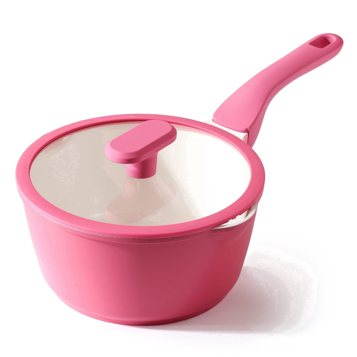 Pink saucepan with a matching handle and lid.