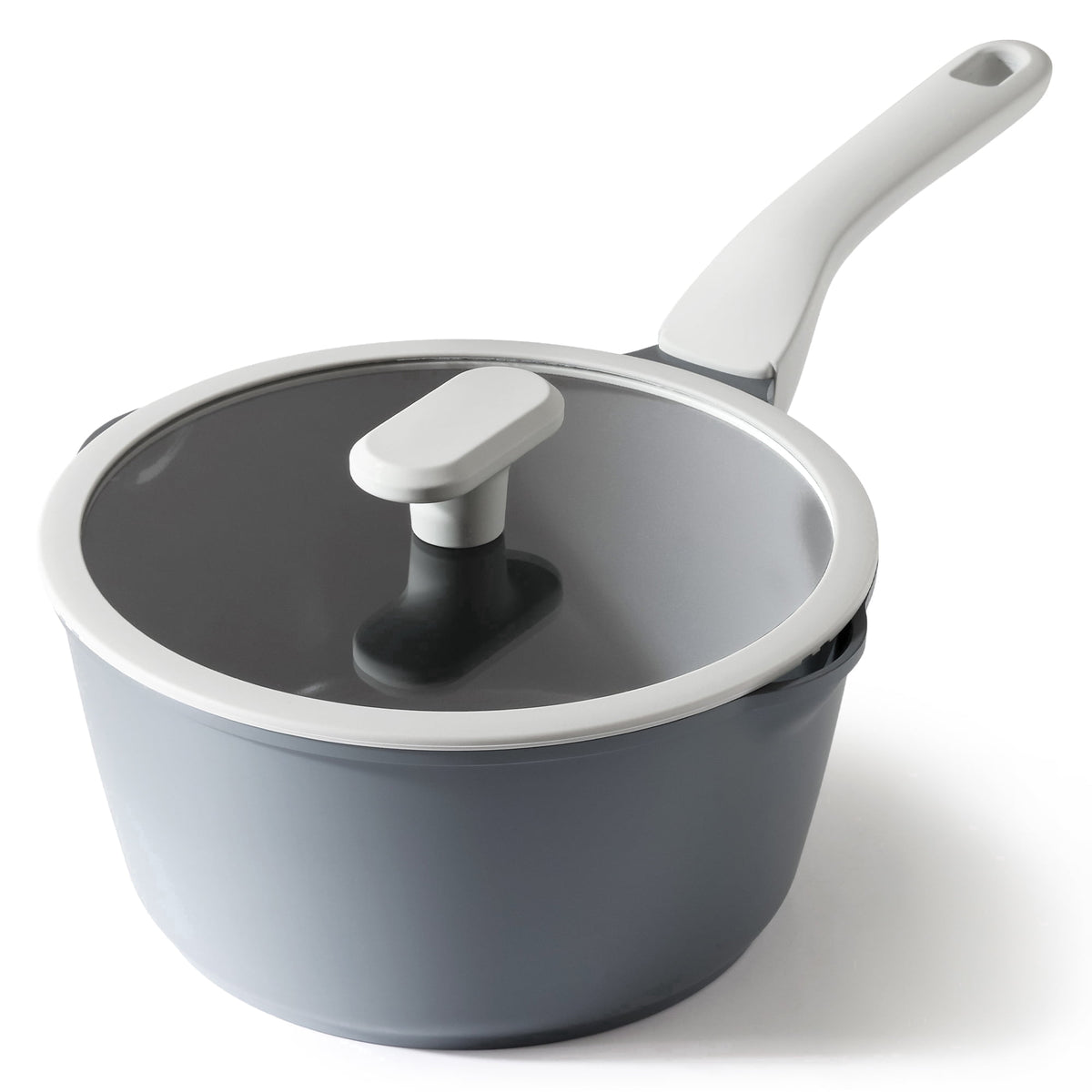 Gray saucepan with a light gray handle and a clear lid.