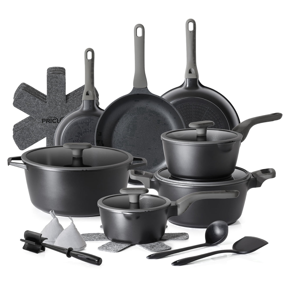 Black cookware set with frying pans, saucepans, stock pots, lids, utensils and accessories.