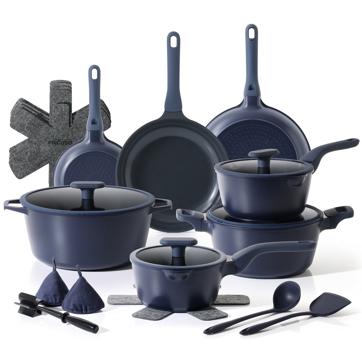 Navy cookware set with frying pans, saucepans, stock pots, lids, utensils and accessories.