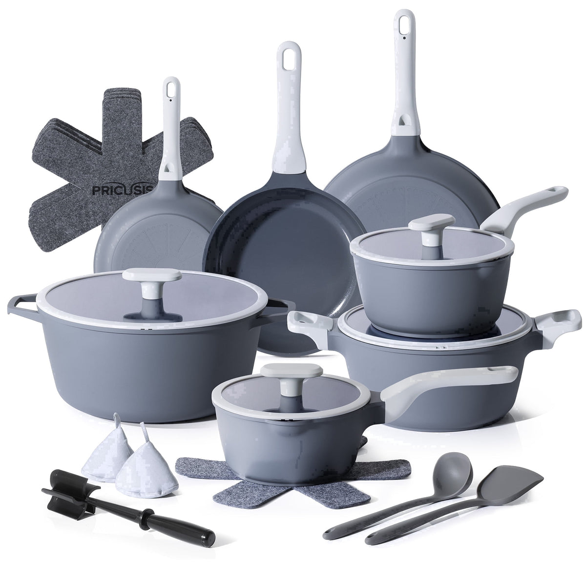 Blue-gray cookware set with seven pot bodies, lids and accessories.