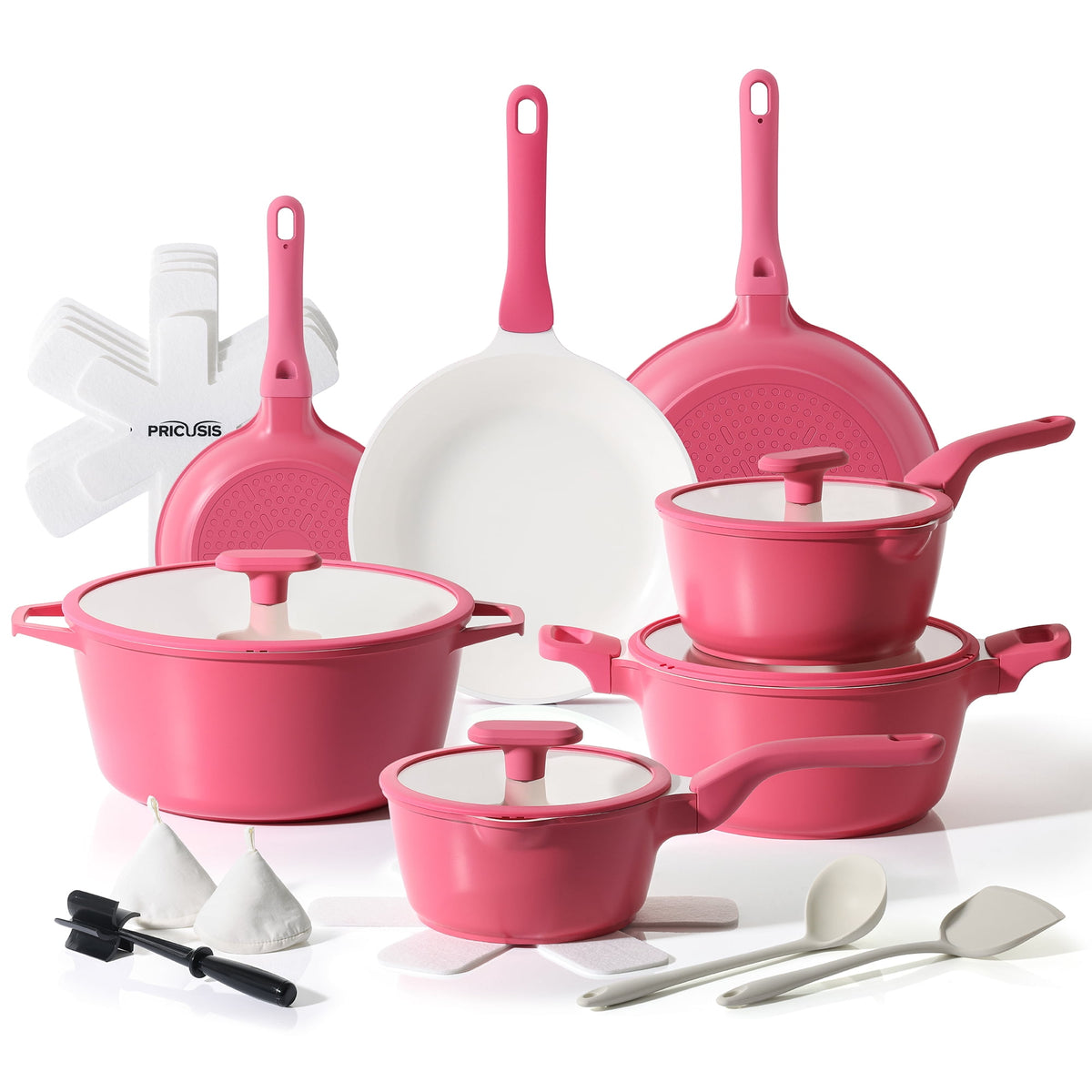 Pink cookware set with frying pans, saucepans, stock pots, lids, utensils and accessories.