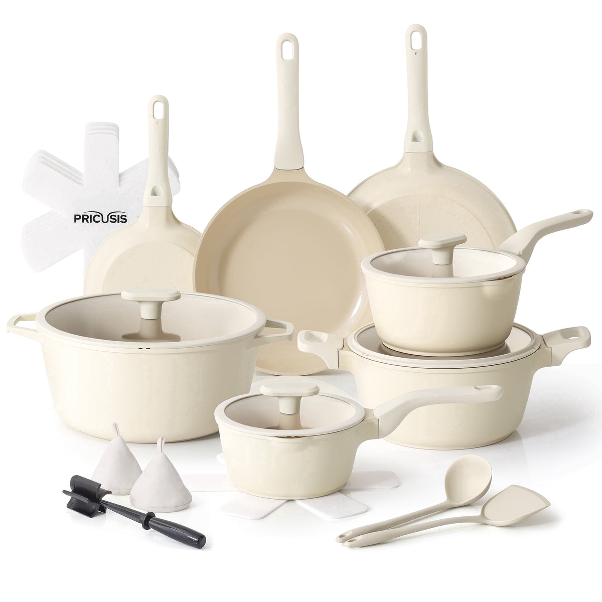 Ivory cookware set with seven pot bodies, lids and accessories.