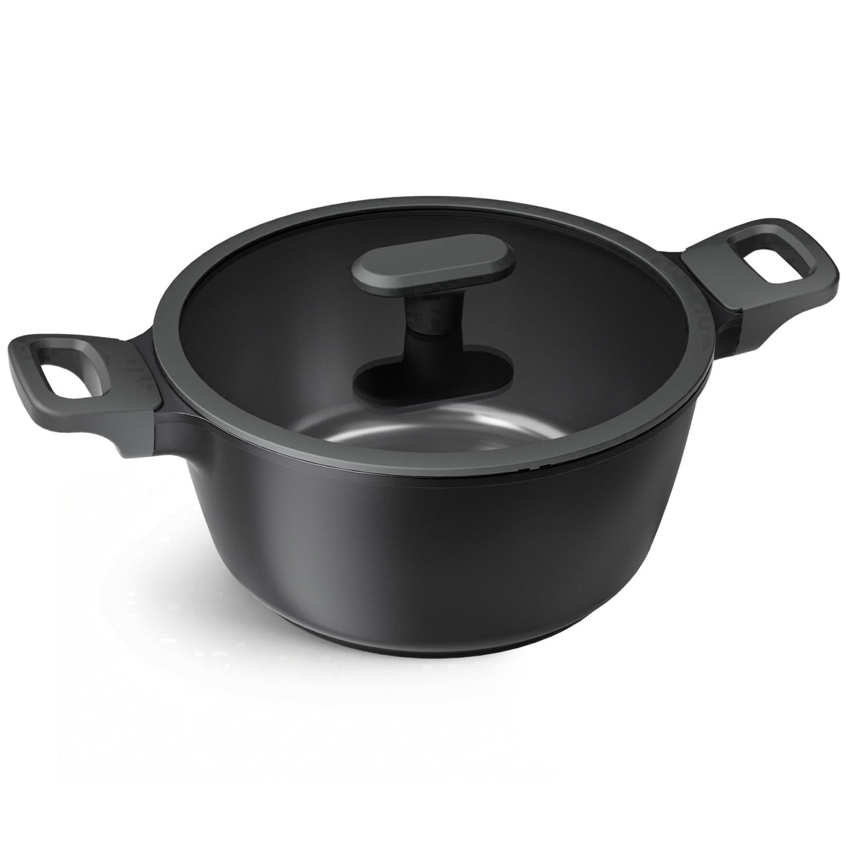 Black stock pot with two side handles and a clear lid.