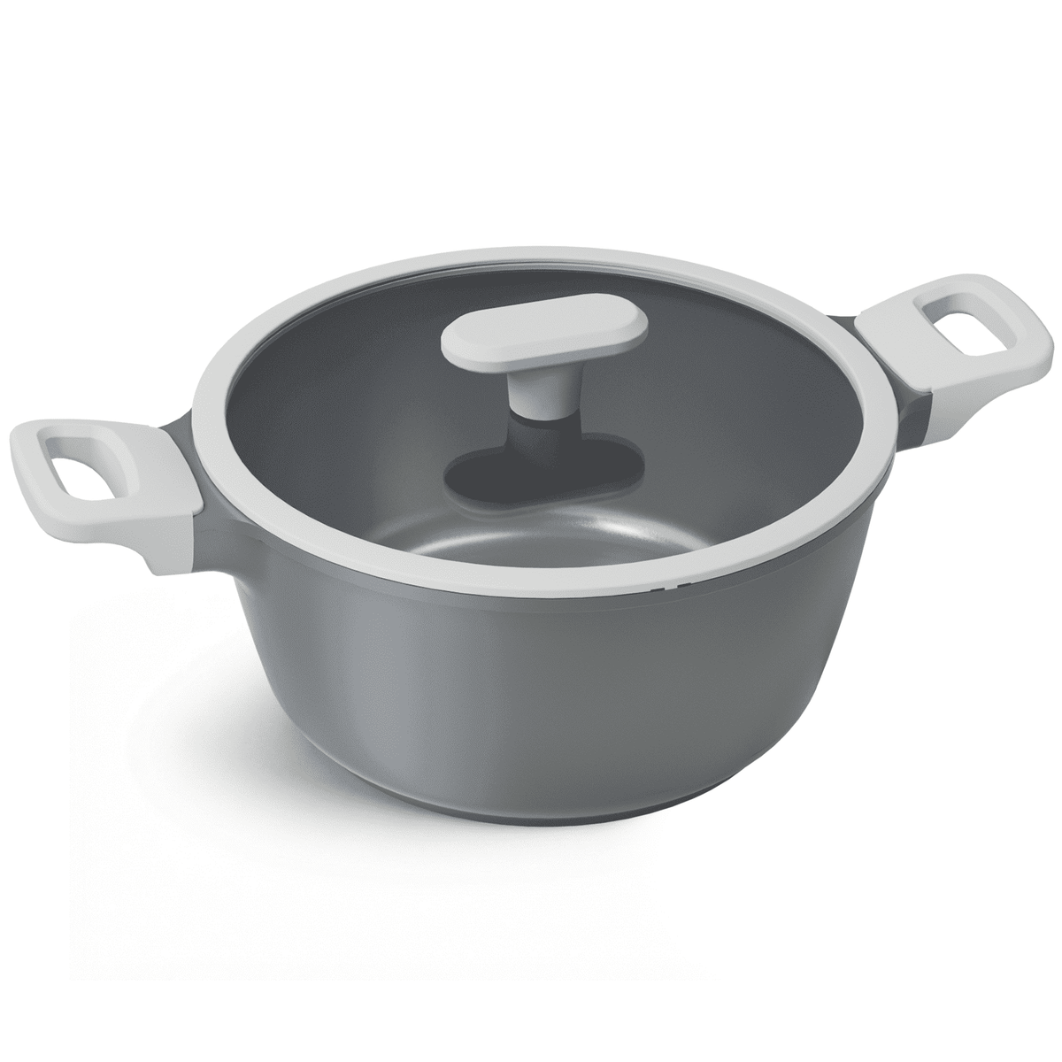 Gray stock pot with two side handles and a clear lid.