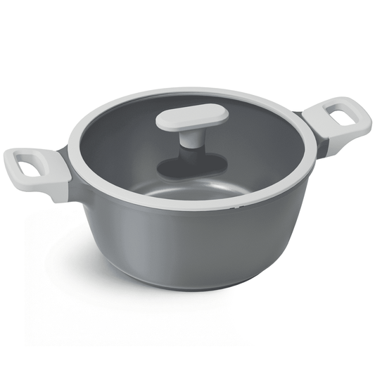 Gray stock pot with two side handles and a clear lid.