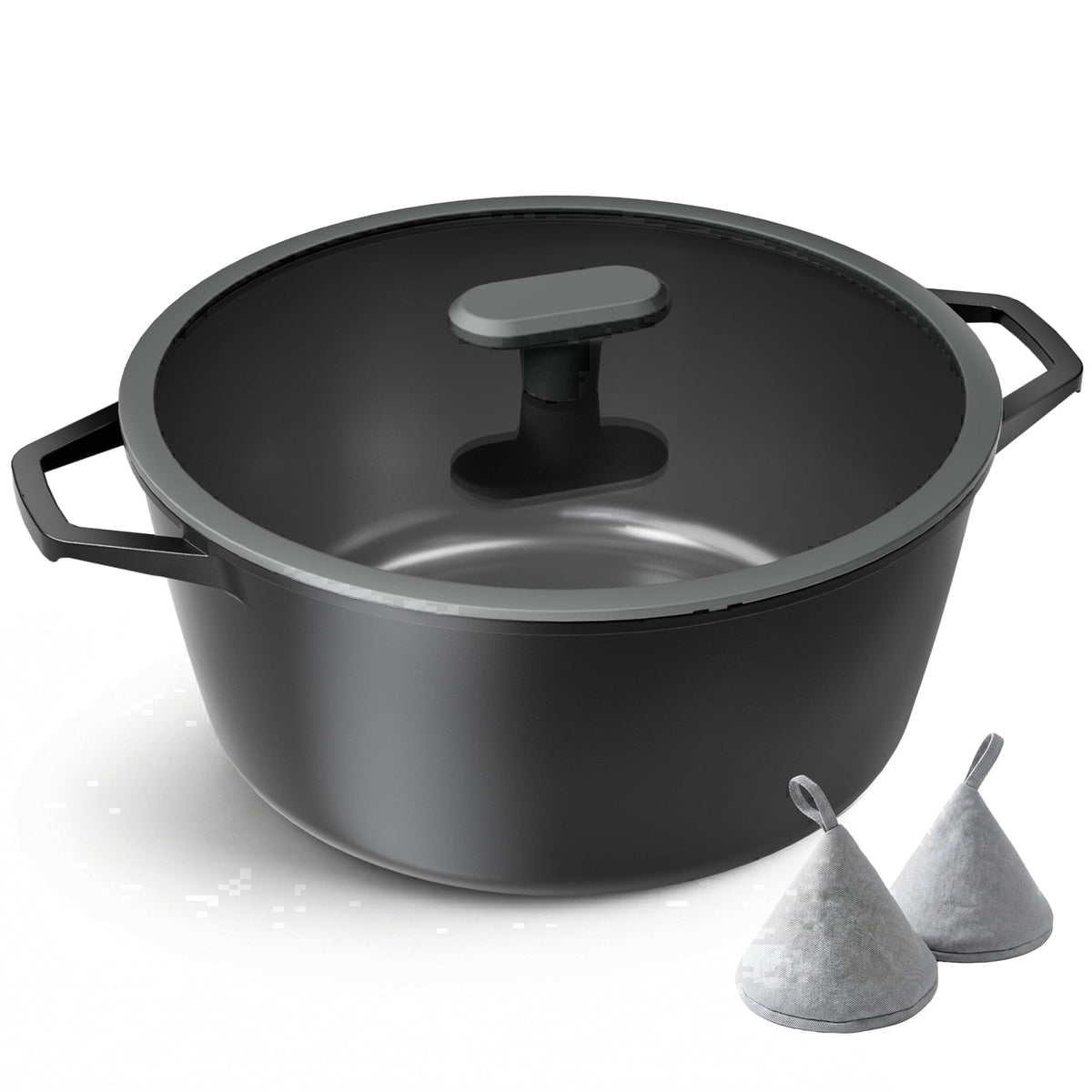 Black stock pot with lid and two protectors.