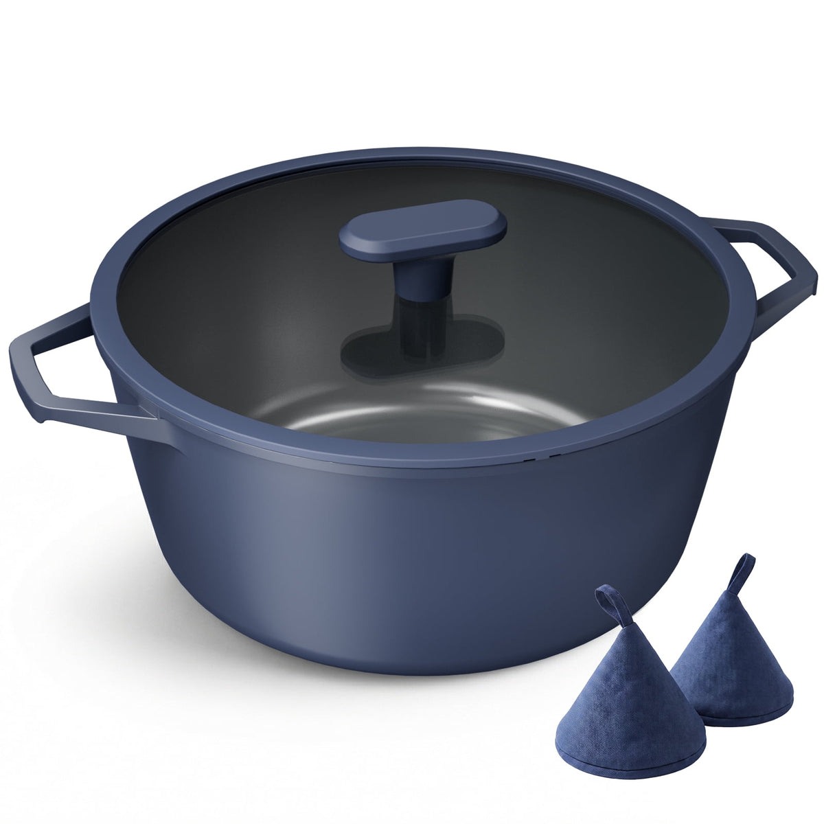 Navy stock pot with a clear lid, two side handles and two matching fabric pot holders.