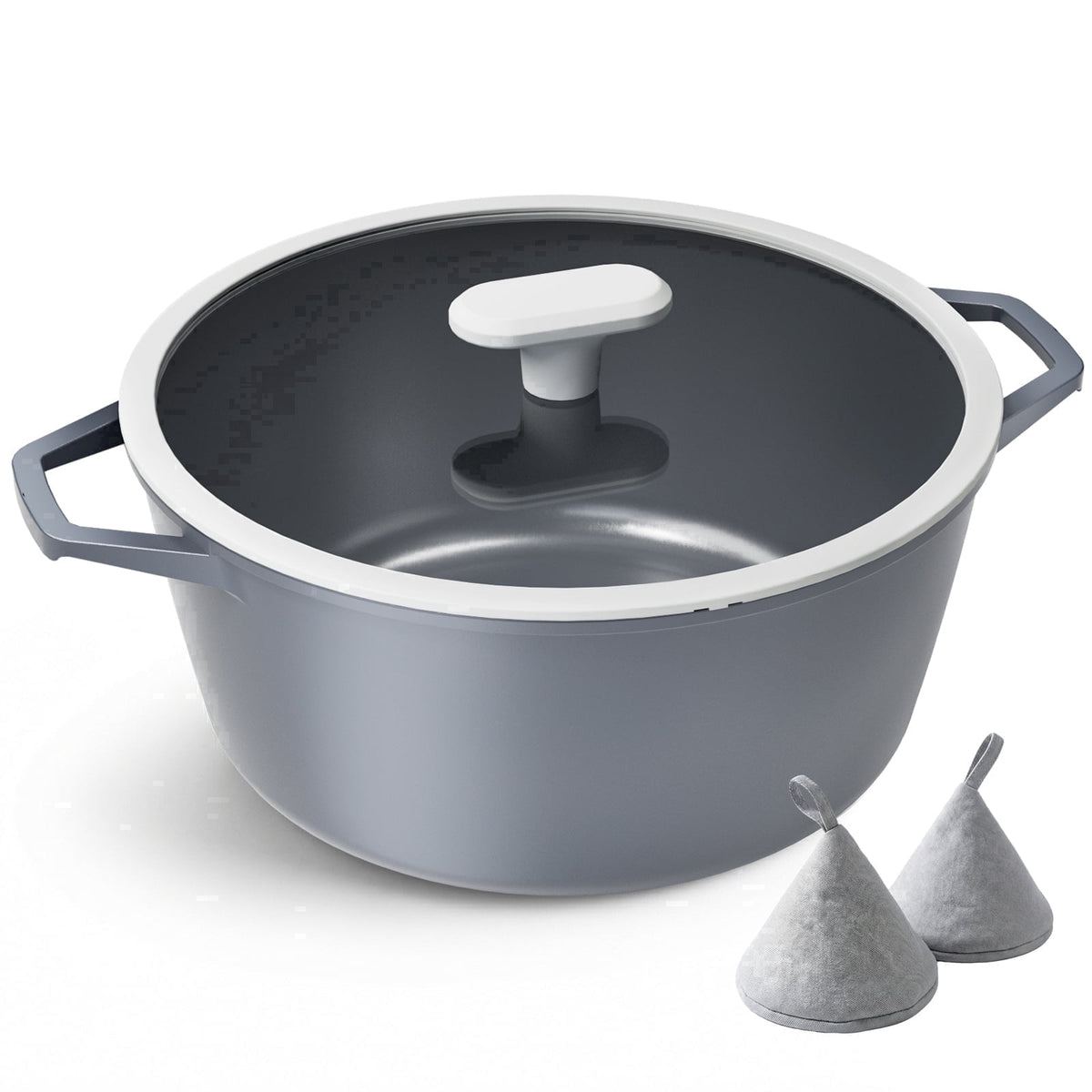 Blue-gray stock pot with glass lid and two protectors.