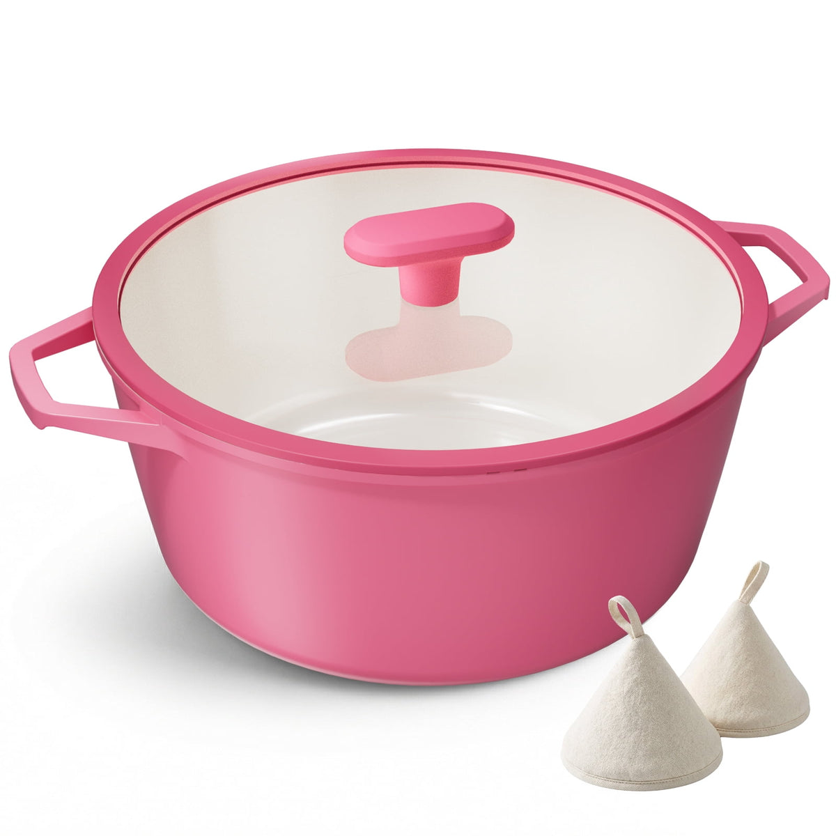 Pink stock pot with a lid, two side handles and two cream fabric pot holders.