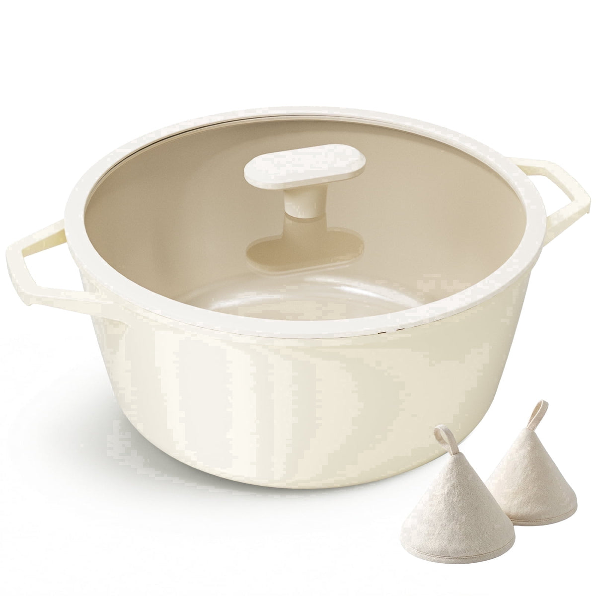 Ivory stock pot with lid and two protectors.