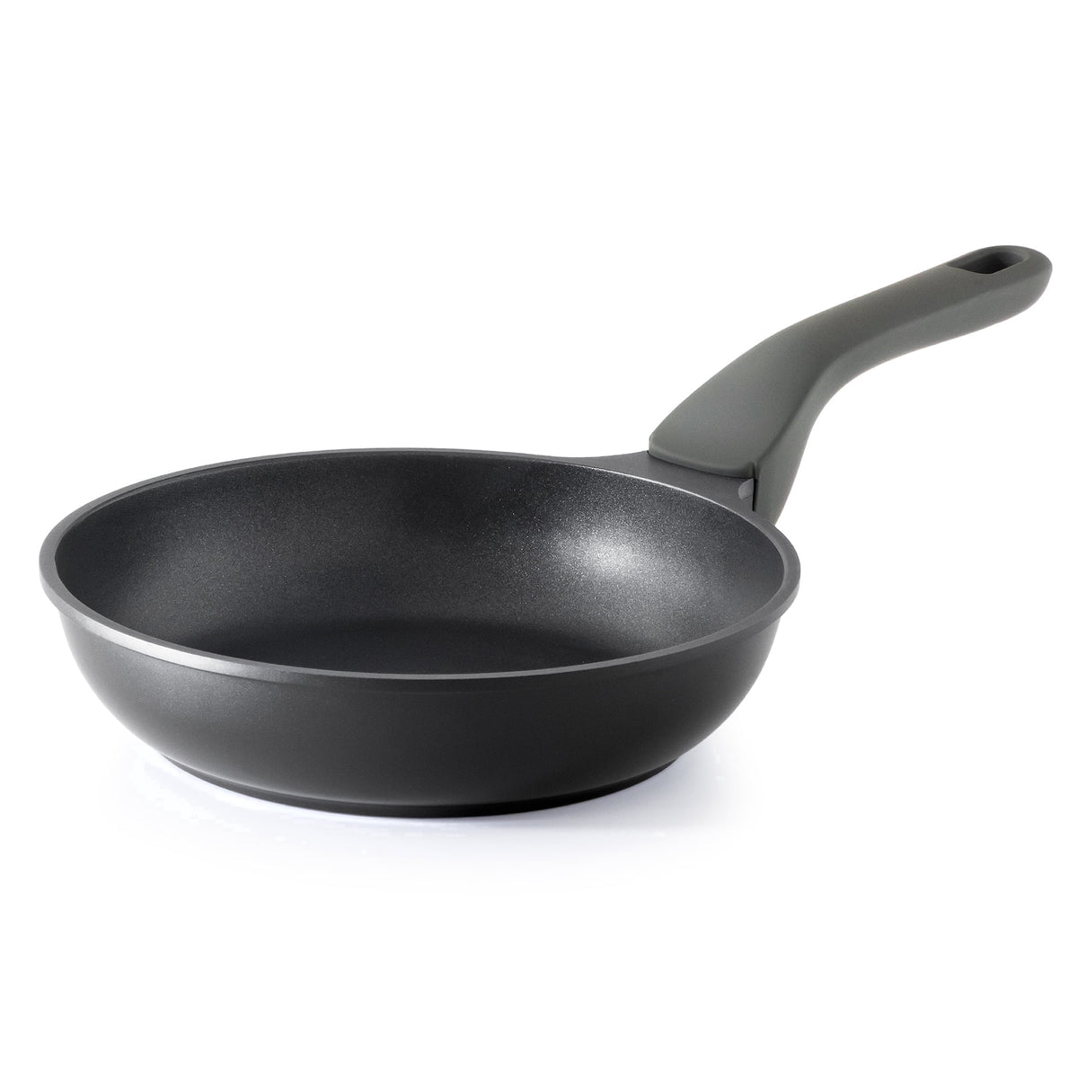 Black frying pan with a dark gray handle.