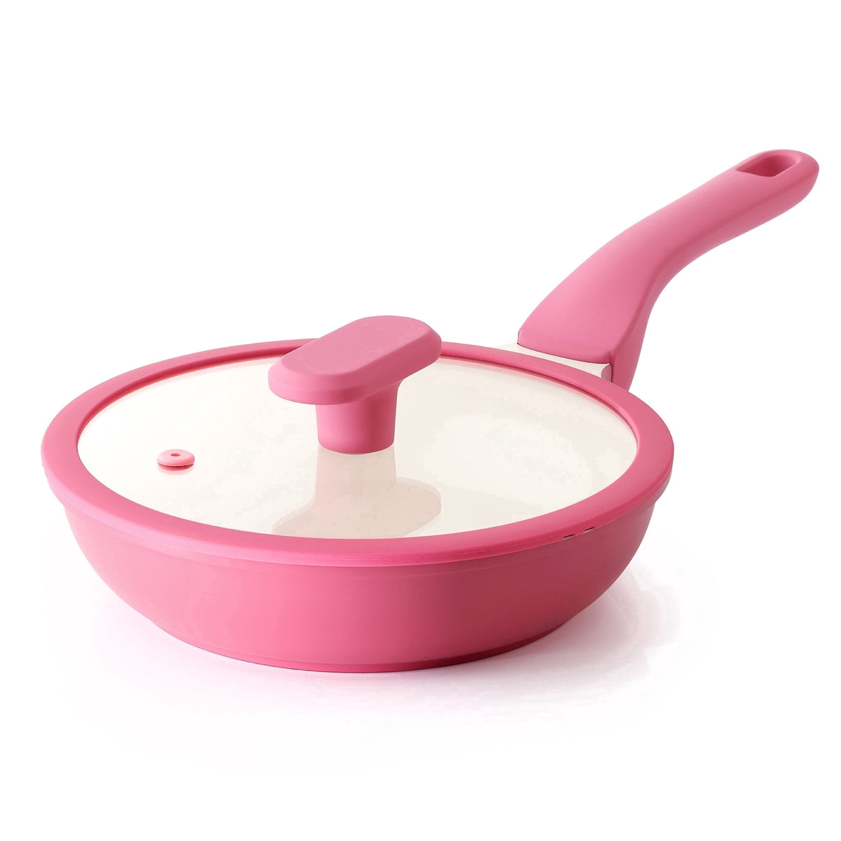 Pink frying pan with lid.