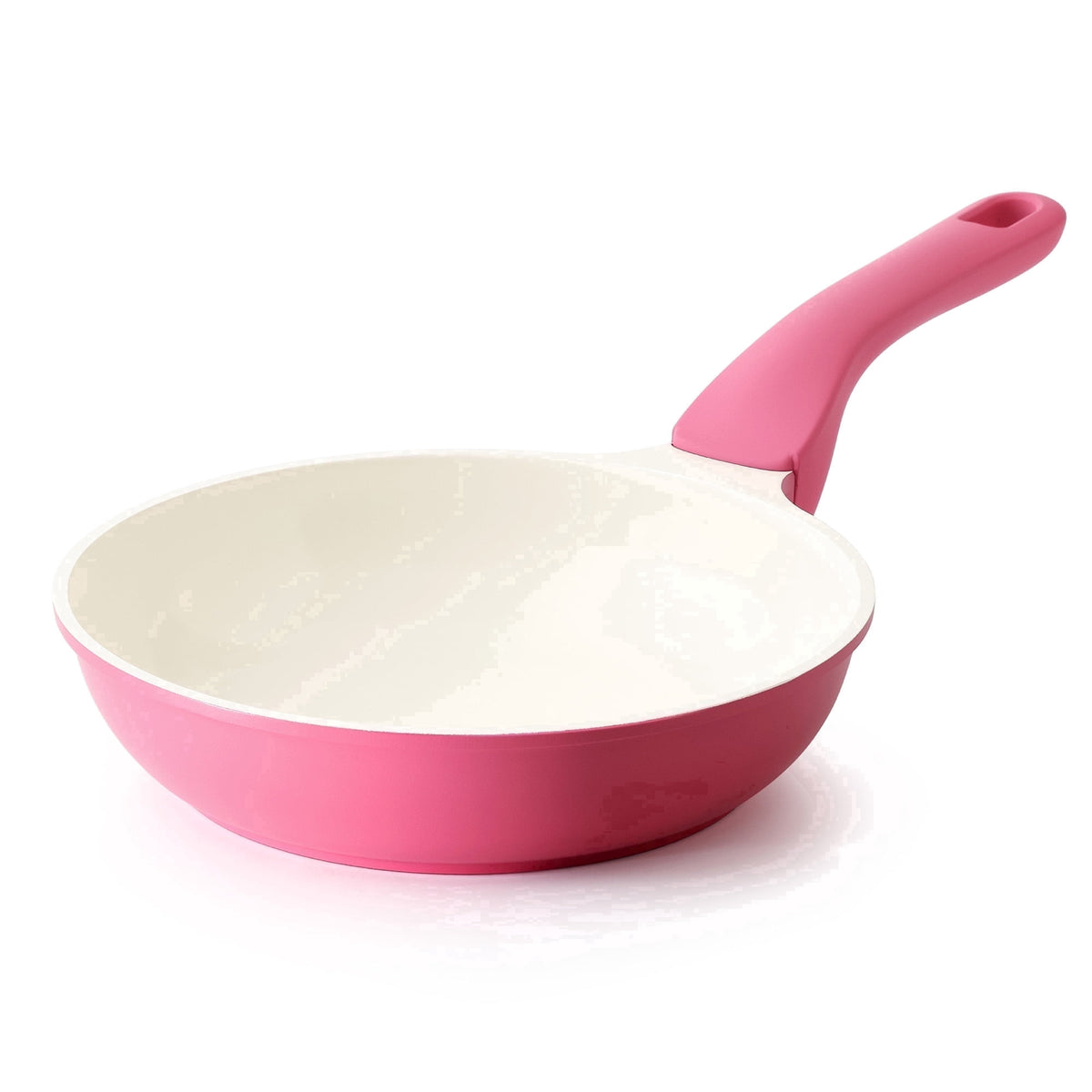 Pink frying pan without lid.