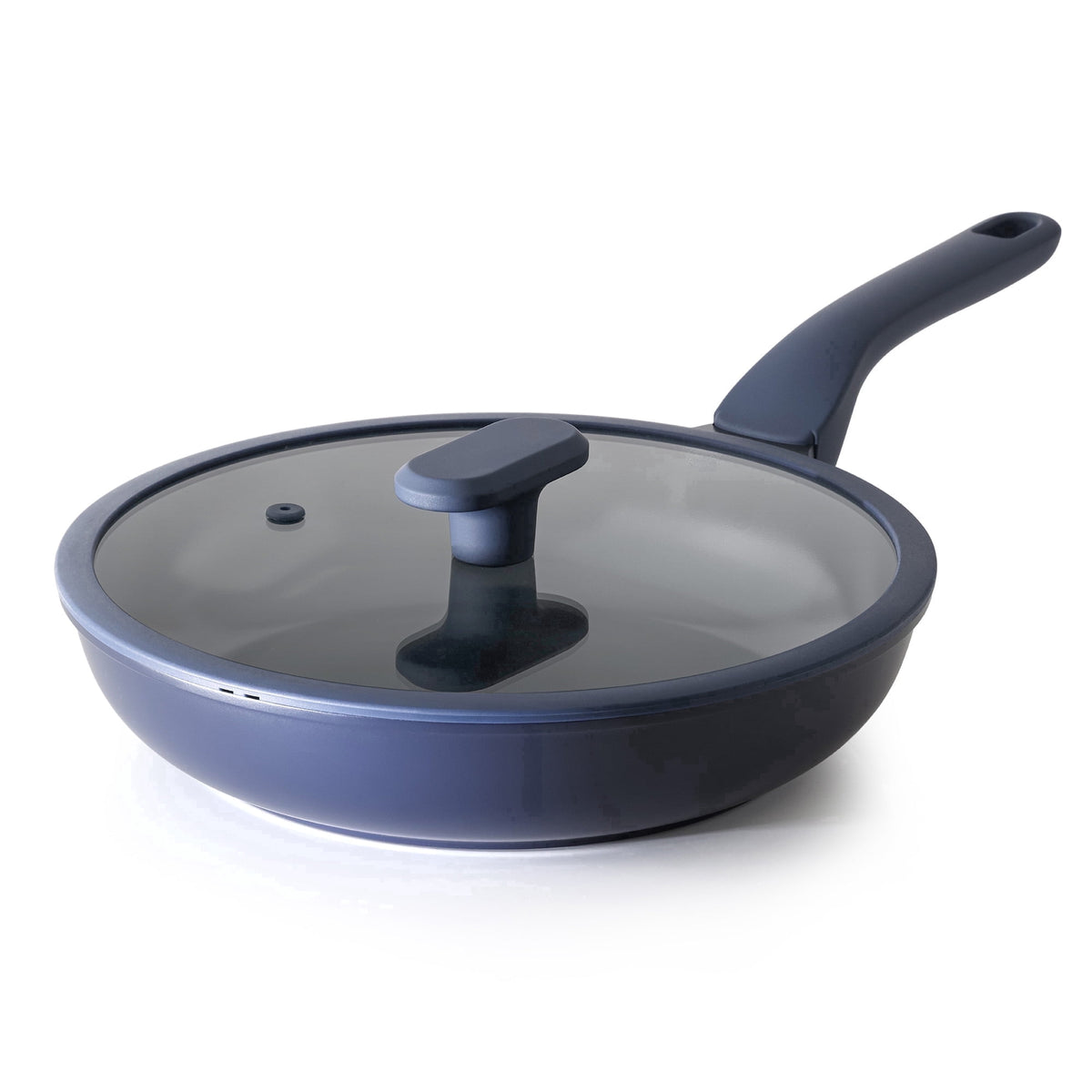 Navy frying pan with a matching handle and clear lid.