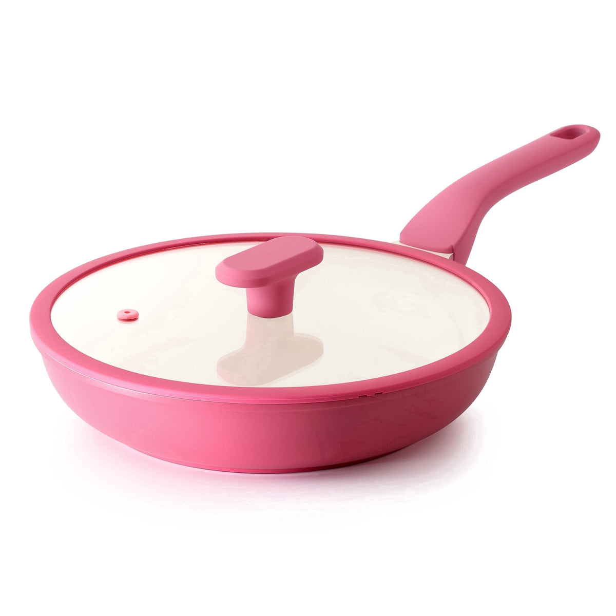 Pink frying pan with a matching handle and lid.
