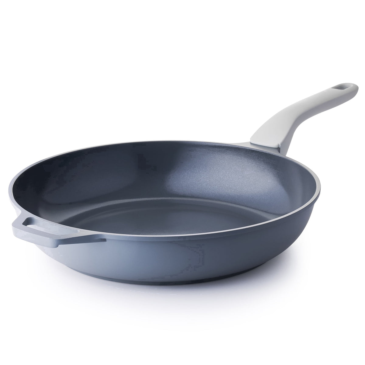 Gray frying pan with a light gray long handle and a helper handle.