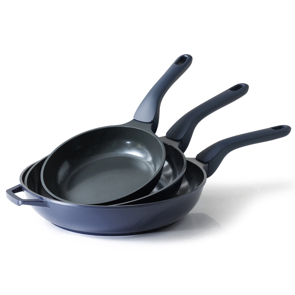 Navy three frying pans stacked.