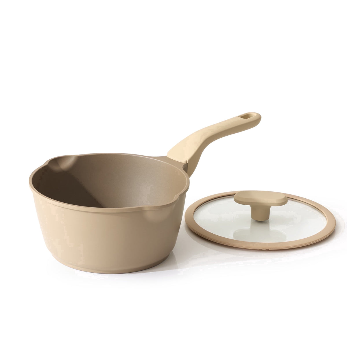 Apricot saucepan with lid placed beside it.