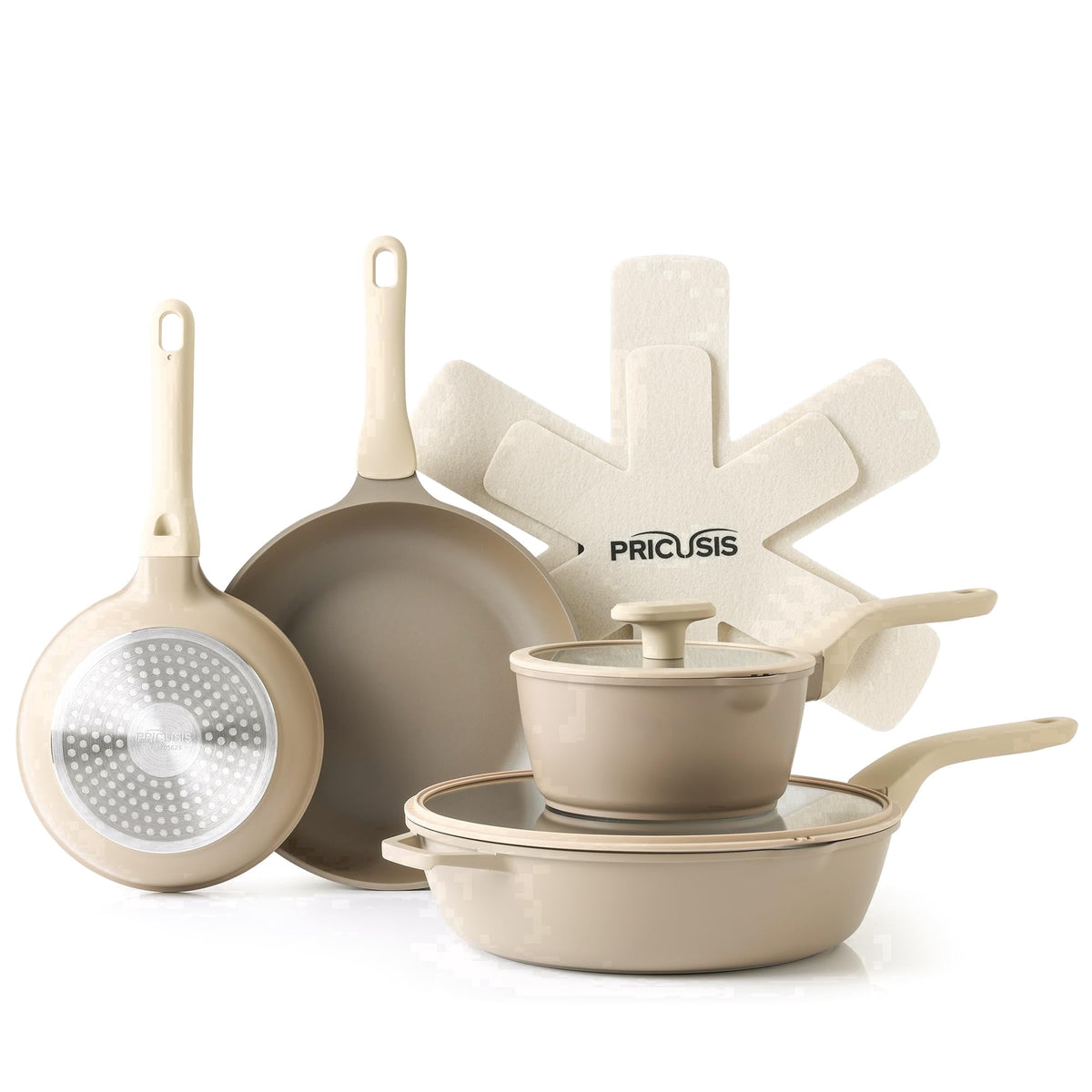 Apricot cookware set with lids and protectors.