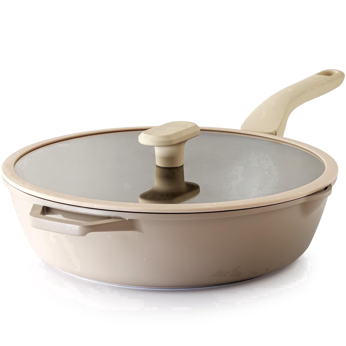 Beige deep skillet with a clear lid, long handle and helper handle.