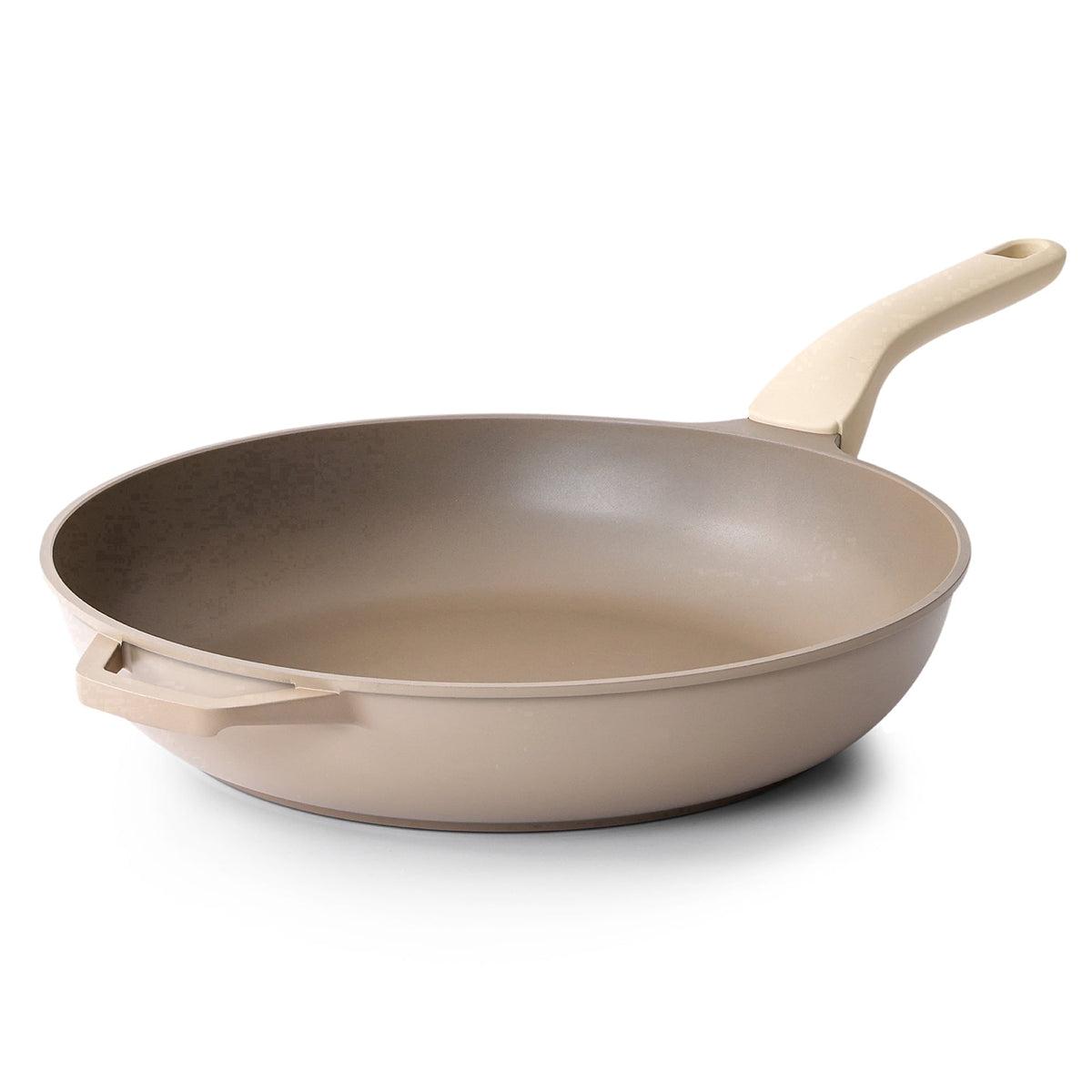 Apricot frying pan with helper handle, no lid.