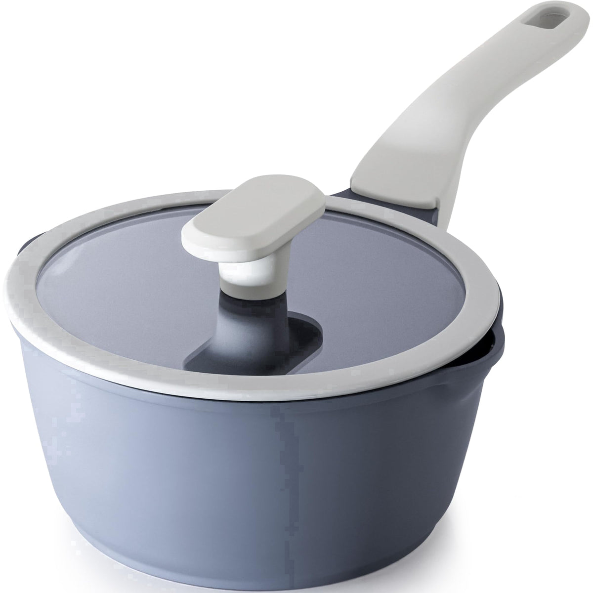 Blue-gray saucepan with lid.