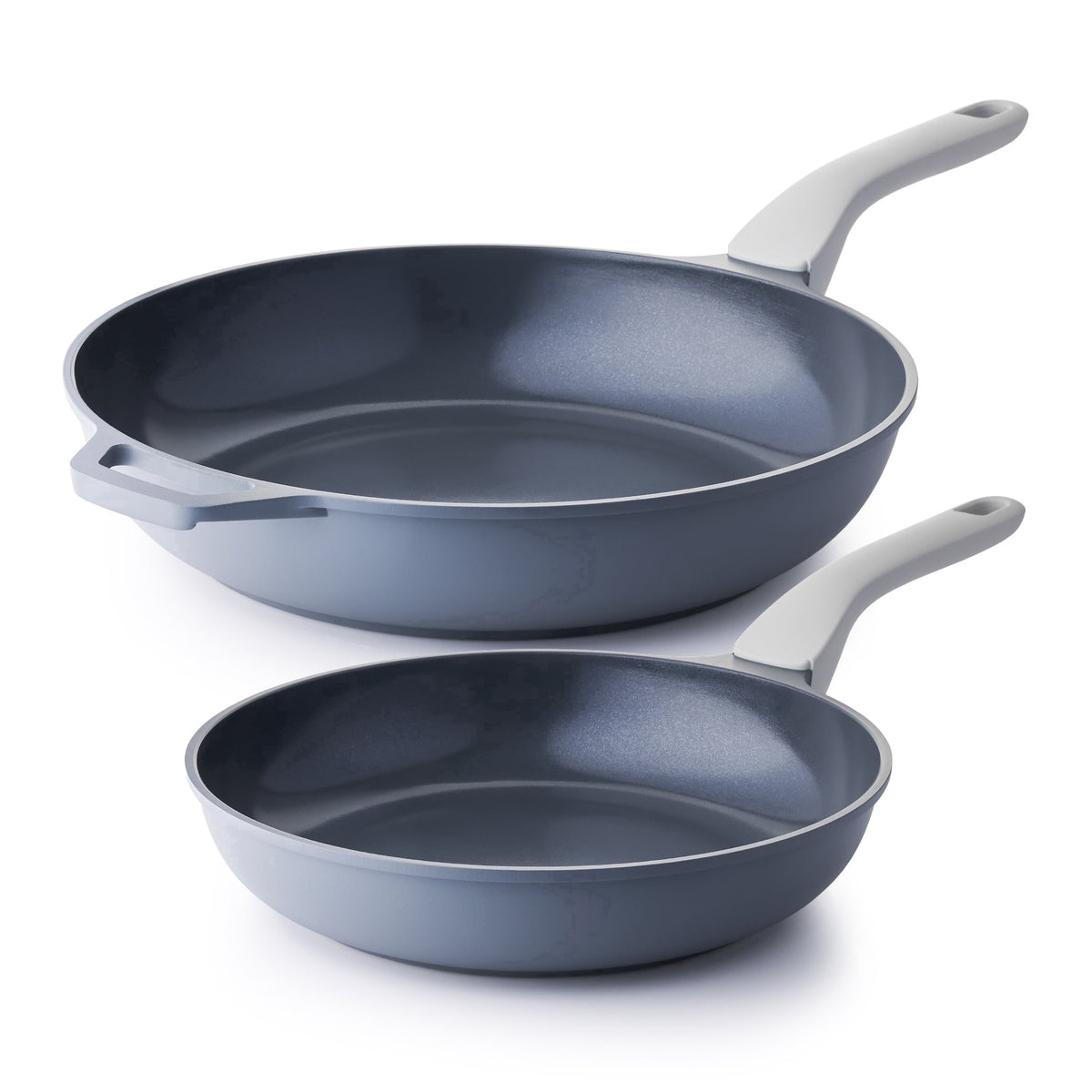 Blue-gray two frying pans, larger with helper handle.