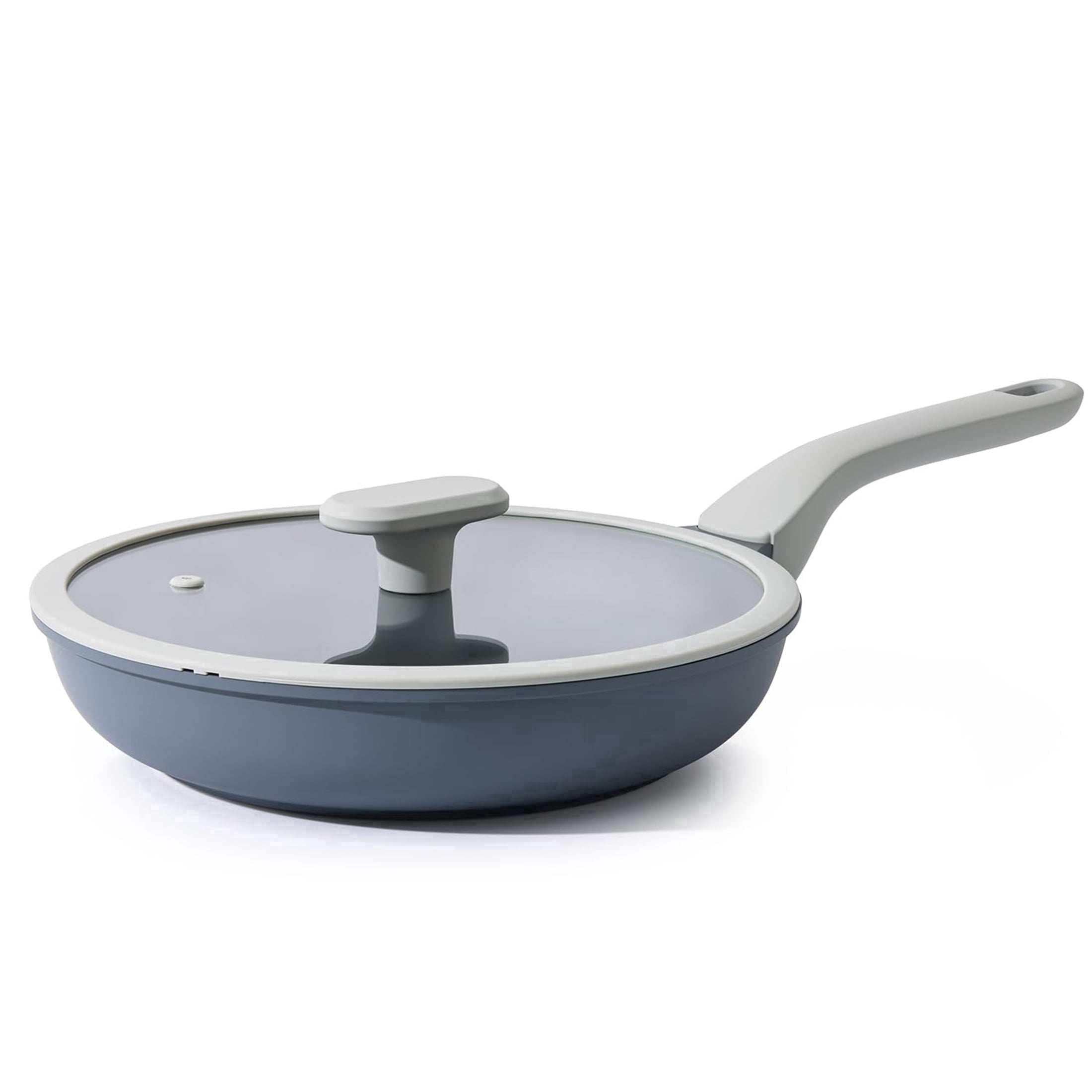 Gray frying pan with a light gray handle and a clear lid.