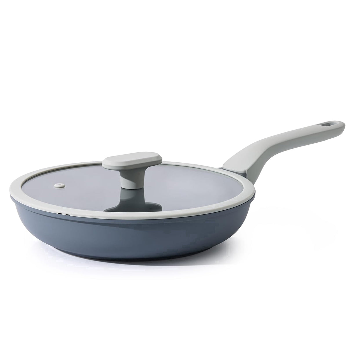 Gray frying pan with a light gray handle and a clear lid.